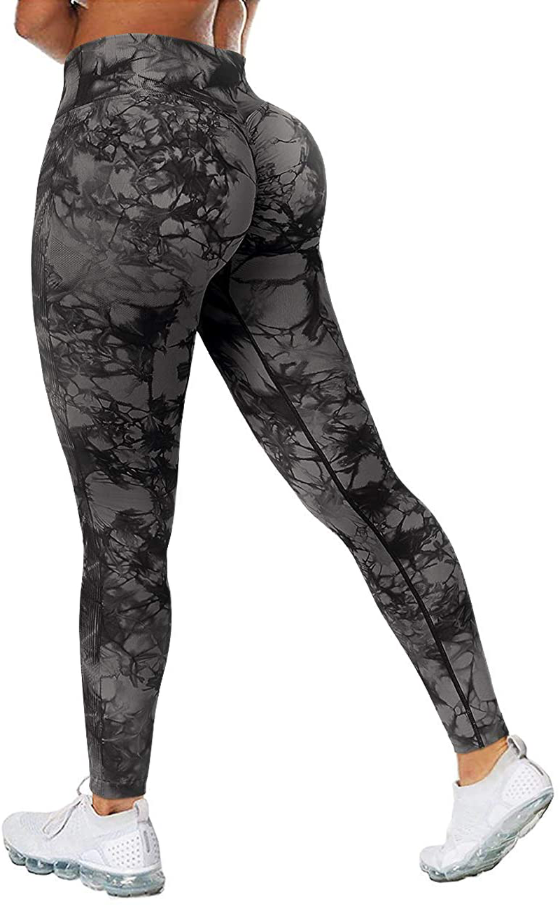 MOSHENGQI Womens Seamless Butt Lift Leggings High Waisted Yoga Pants Ribbed Workout Slimming Tights Apparel & Accessories > Clothing > Activewear MOSHENGQI #5 Tie Dye Gray Large 