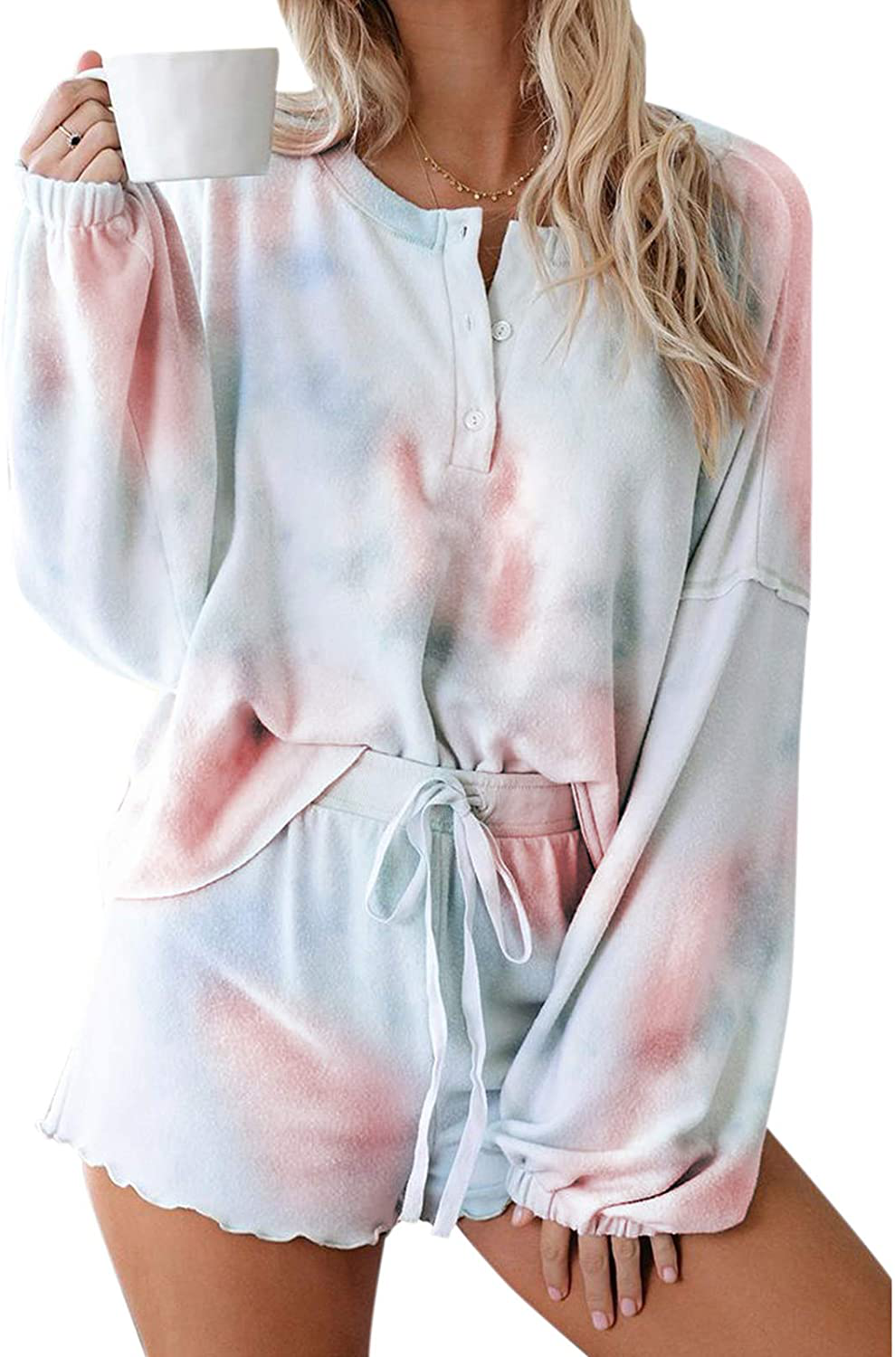 Century Star Women Pajamas Tie Dye Print Long Sleeve Shirt Elastic Drawstring Shorts 2 Piece Set Sleepwear Loungewear Apparel & Accessories > Clothing > Sleepwear & Loungewear > Pajamas Kylie Max   