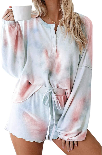 Century Star Women Pajamas Tie Dye Print Long Sleeve Shirt Elastic Drawstring Shorts 2 Piece Set Sleepwear Loungewear Apparel & Accessories > Clothing > Sleepwear & Loungewear > Pajamas Kylie Max   
