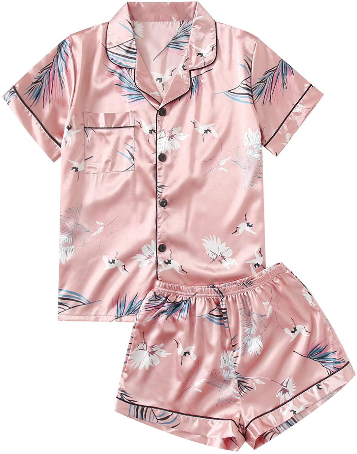 Floerns Women's Notch Collar Palm Leaf Print Sleepwear Two Piece Pajama Set Apparel & Accessories > Clothing > Sleepwear & Loungewear > Pajamas Floerns Baby Pink Small 