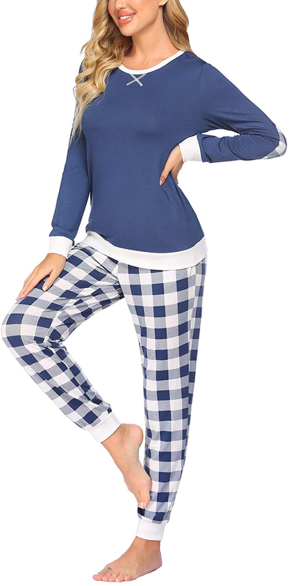 Ekouaer Women's Pajamas Sets Long Sleeve with Plaid Pants Soft Sleepwear O Neck 2 Piece Pjs Joggers Loung Set with Pockets Apparel & Accessories > Clothing > Sleepwear & Loungewear > Pajamas Ekouaer   