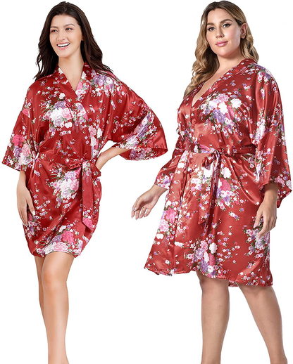 EPLAZA Women Floral Satin Robe Bridal Dressing Gown Wedding Bride Bridesmaid Kimono Sleepwear Apparel & Accessories > Clothing > Sleepwear & Loungewear > Robes EPLAZA   