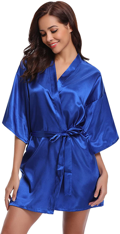 Litherday Women'S Kimono Robe Silk Bathrobe Sleepwear Short Satin Robes for Bridal Bridesmaids Dressing Gown Apparel & Accessories > Clothing > Sleepwear & Loungewear > Robes Litherday Royal Blue XX-Large 