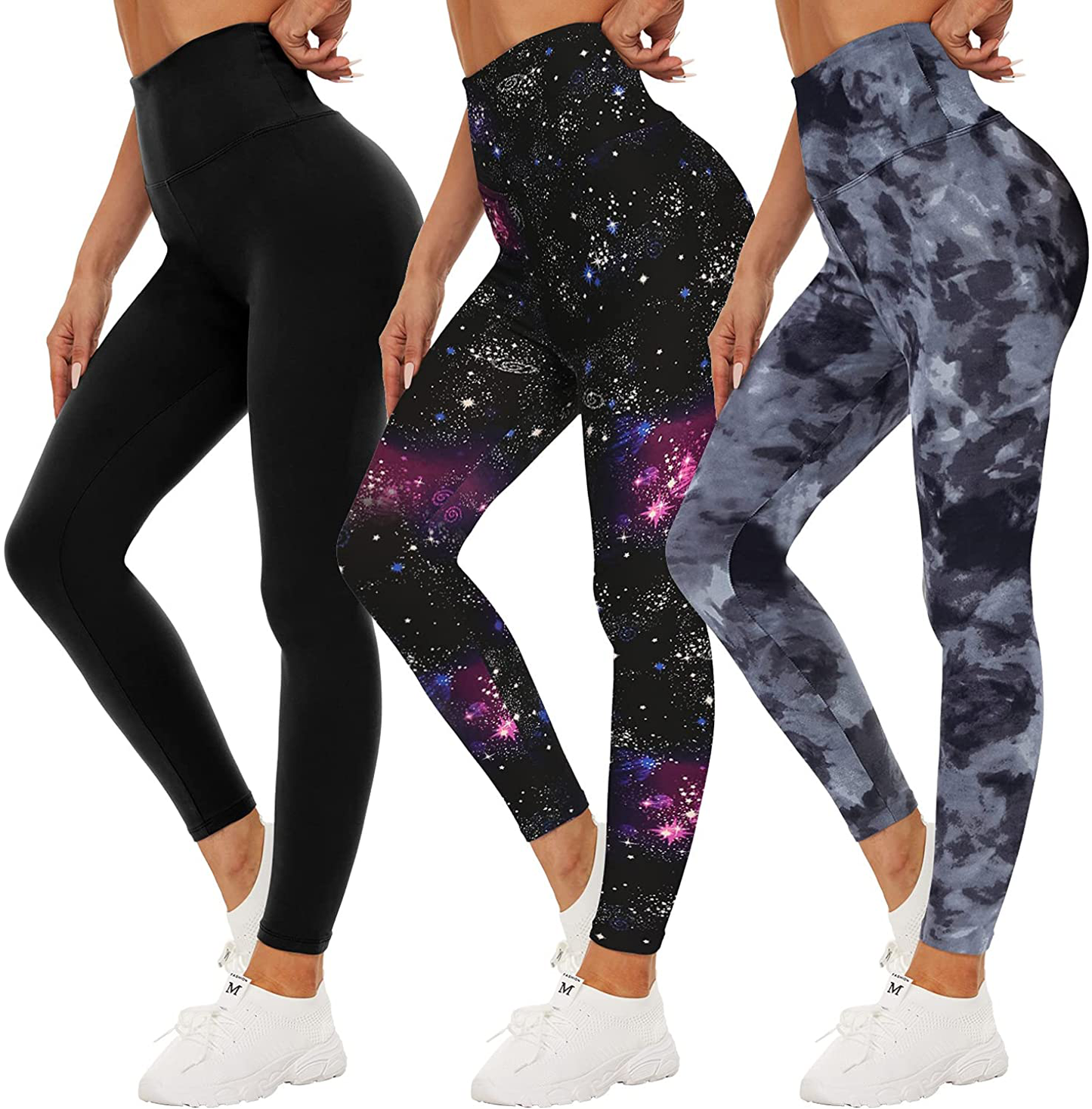 QGGQDD 3 Pack Black High Waisted Leggings for Women - Buttery Soft Workout Yoga Athletic Leggings Apparel & Accessories > Clothing > Activewear QGGQDD A-black/ Galaxy/ Black Tie-dye Large-X-Large 