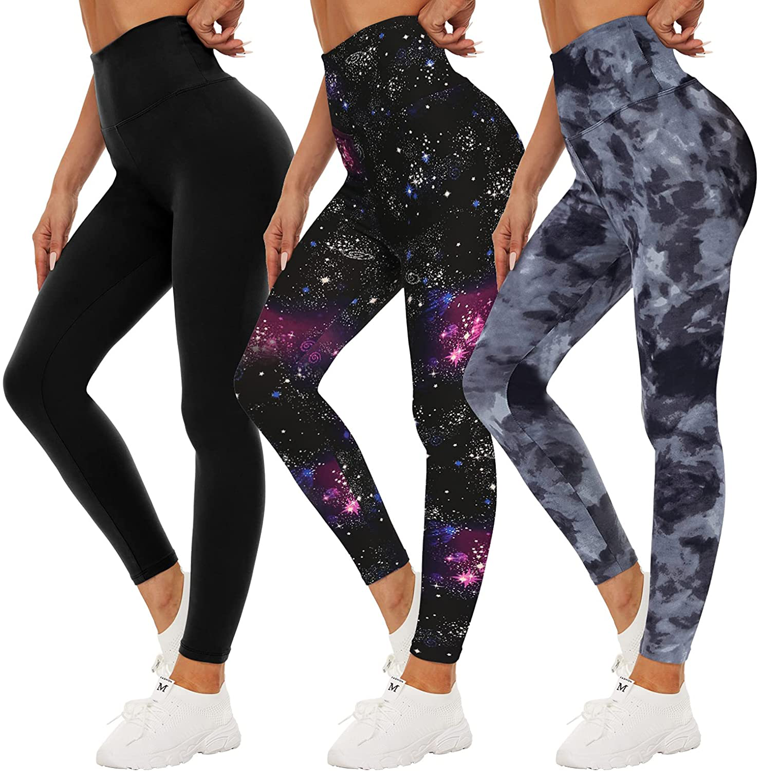 QGGQDD 3 Pack Black High Waisted Leggings for Women - Buttery Soft Workout Yoga Athletic Leggings Apparel & Accessories > Clothing > Activewear QGGQDD A-black/ Galaxy/ Black Tie-dye Large-X-Large 