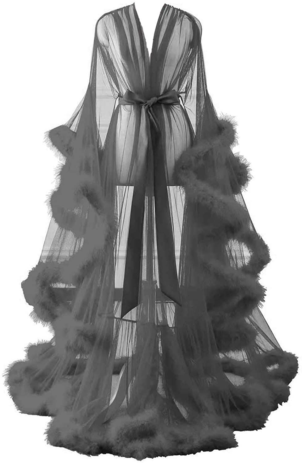 Changuan Sexy Illusion Long Lingerie Robe Nightgown Bathrobe Sleepwear Feather Bridal Robe Wedding Scarf Apparel & Accessories > Clothing > Sleepwear & Loungewear > Robes Changuan Gray Large-X-Large 