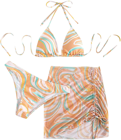 SOLY HUX Women's Wrap Triangle Bikini Bathing Suits with Mesh Beach Skirt 3 Piece Swimsuits Apparel & Accessories > Clothing > Swimwear KYLIE MAX Multi Allover Print Medium 