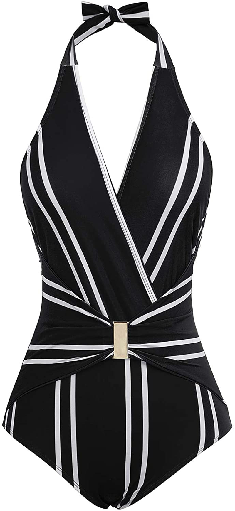 GRACE KARIN Women'S Halter Swimwear V Neck Stripe One-Piece Swimsuit Monokini Apparel & Accessories > Clothing > Swimwear Kylie Max   