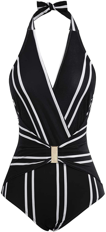 GRACE KARIN Women'S Halter Swimwear V Neck Stripe One-Piece Swimsuit Monokini Apparel & Accessories > Clothing > Swimwear Kylie Max   