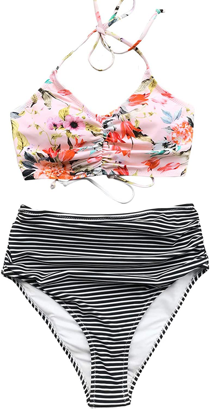 CUPSHE Women’S Bikini Swimsuit Floral Print Halter Lace up Two Piece Bathing Suit  Kylie Max   