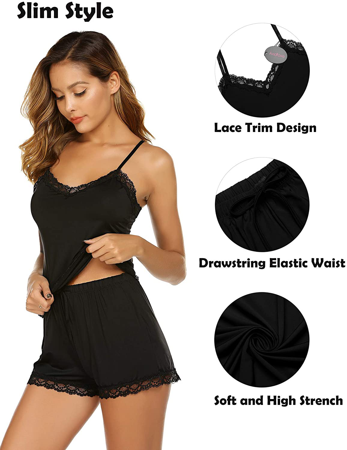 Avidlove Women Cami Pajama Set Modal Sleepwear Lace Trim Short PJ Set with Shorts Apparel & Accessories > Clothing > Sleepwear & Loungewear Kylie Max   