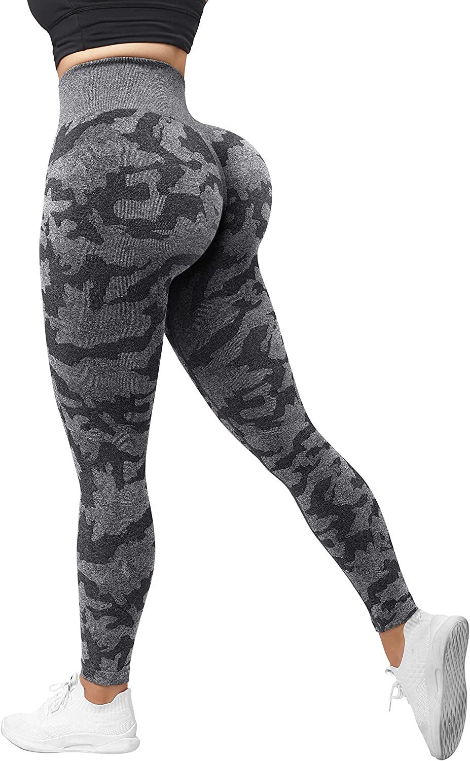 MOSHENGQI Womens Seamless Butt Lift Leggings High Waisted Yoga Pants Ribbed Workout Slimming Tights Apparel & Accessories > Clothing > Activewear MOSHENGQI 11-camo Black Large 