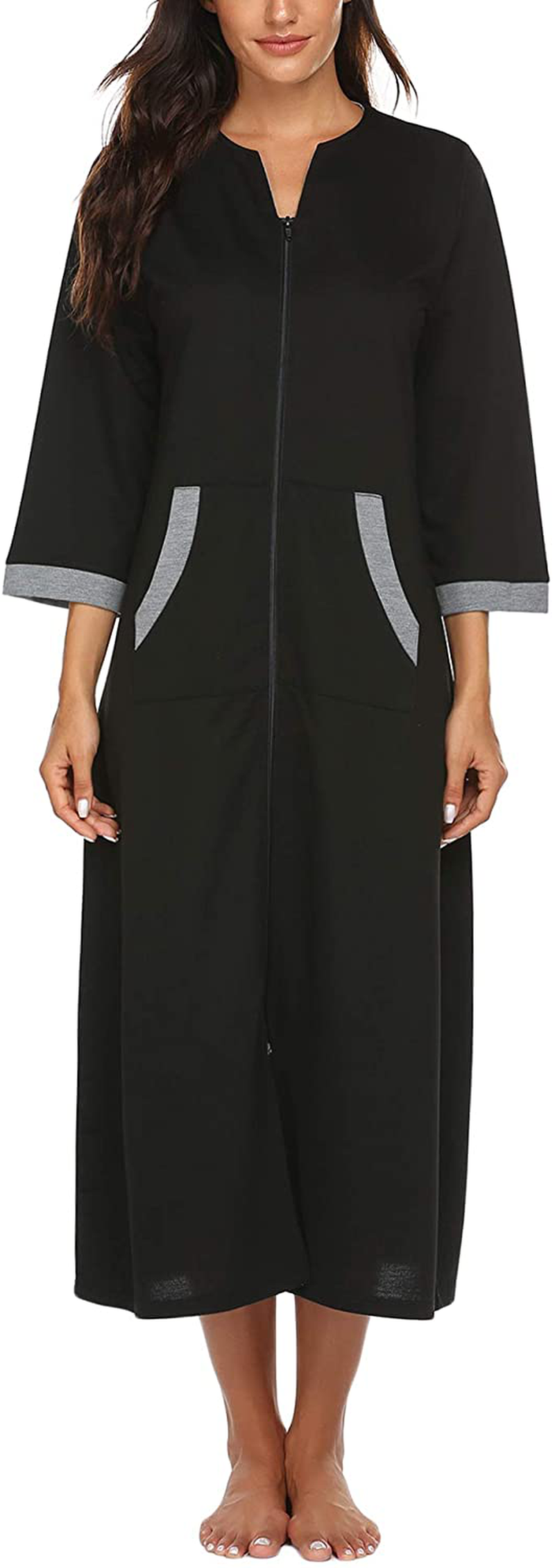 Ekouaer Women Zipper Robe 3/4 Sleeves Loungewear Full Length Sleepwear Pockets Housecoat Long Soft Bathrobe Apparel & Accessories > Clothing > Sleepwear & Loungewear > Robes Ekouaer   