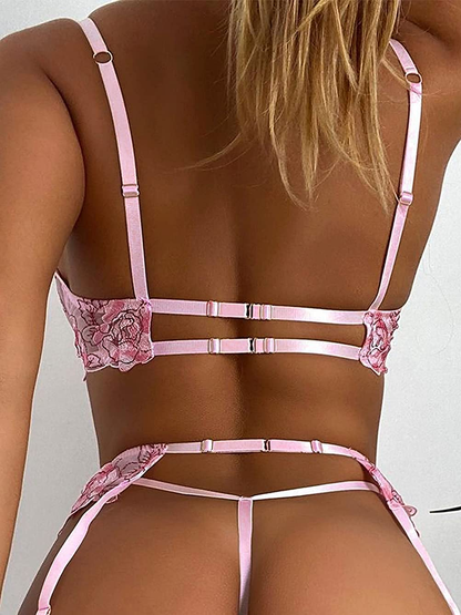 Kaei&Shi Floral Embroidered,Underwire,Cutout Back,G-String,Garter Lingerie Set Apparel & Accessories > Clothing > Underwear & Socks > Lingerie Kaei&Shi   