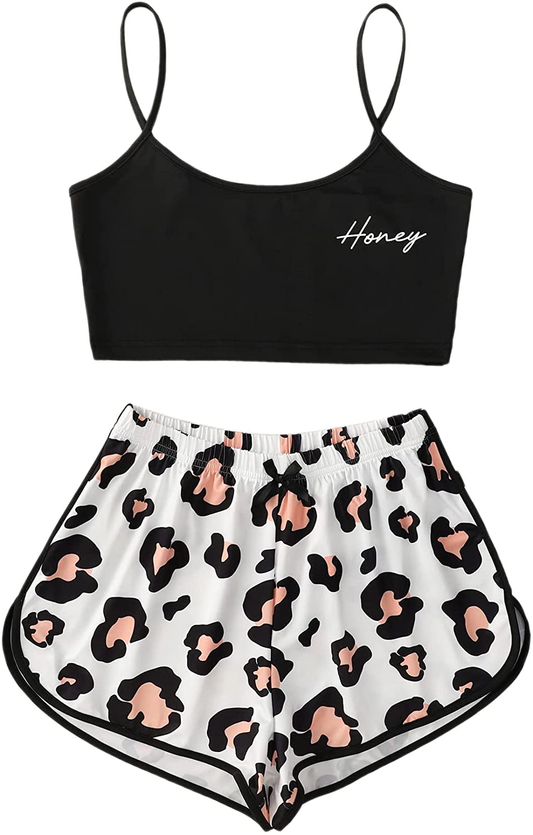SOLY HUX Women'S Letter Leopard Print Cami Top and Shorts Cute Pajama Set Sleepwear Apparel & Accessories > Clothing > Sleepwear & Loungewear Kylie Max   