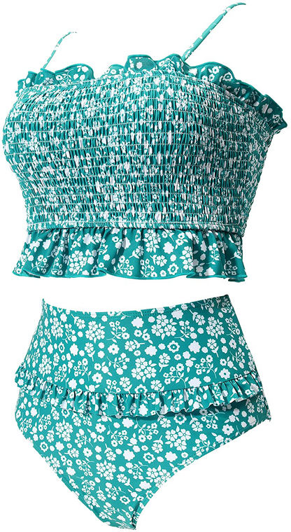 RXRXCOCO Womens Shirred Bandeau Bikini Cute Two Piece Swimsuit Off Shoulder High Waist Bathing Suit Apparel & Accessories > Clothing > Swimwear RXRXCOCO   