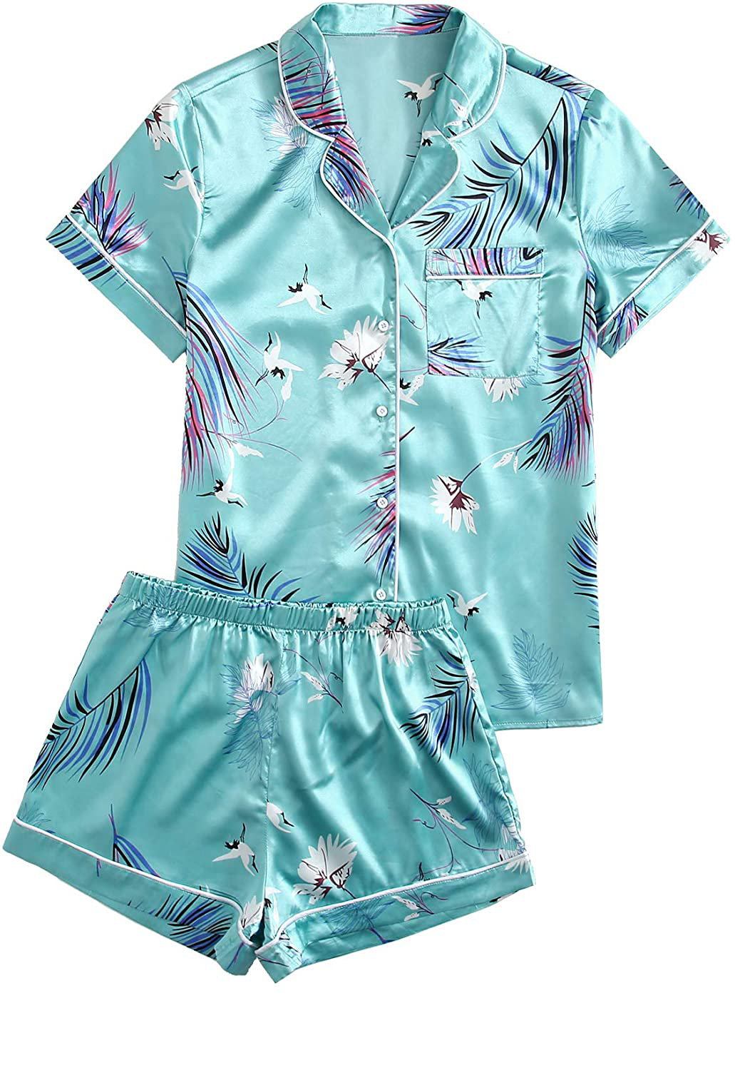 Floerns Women's Notch Collar Palm Leaf Print Sleepwear Two Piece Pajama Set Apparel & Accessories > Clothing > Sleepwear & Loungewear > Pajamas Floerns Teal Green X-Large 