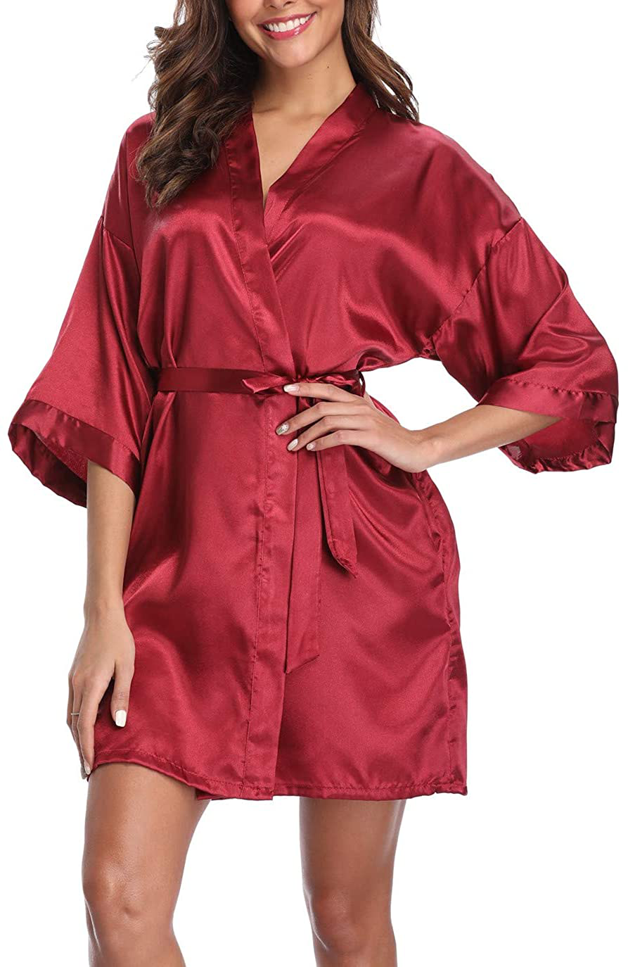 Old-Times Women'S Pure Color Silk Kimono Short Robes for Bridesmaids and Bride Apparel & Accessories > Clothing > Sleepwear & Loungewear > Robes Old-Times Wine X-Large 