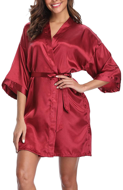 Old-Times Women'S Pure Color Silk Kimono Short Robes for Bridesmaids and Bride Apparel & Accessories > Clothing > Sleepwear & Loungewear > Robes Old-Times Wine X-Large 