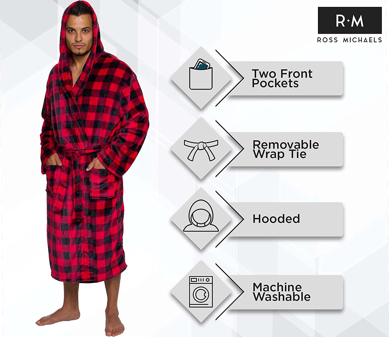 Ross Michaels Mens Robe with Hood - Mid Length - Buffalo Plaid Plush Fleece Bathrobe Apparel & Accessories > Clothing > Sleepwear & Loungewear > Robes Kylie Max   