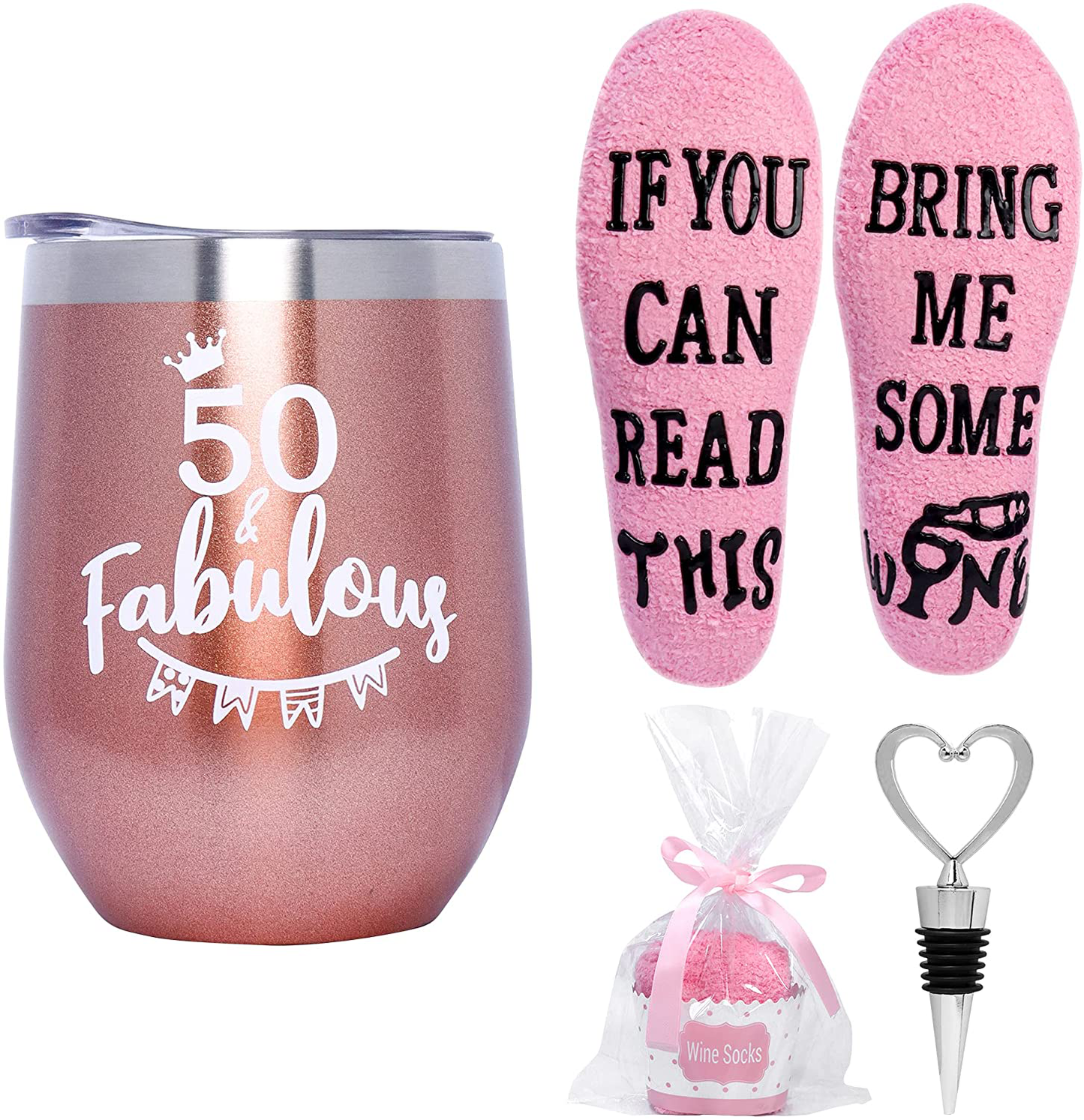 Valporia Retirement Gifts for Women 2021 Insulated Wine Tumbler with Sayings + If You Can Read This Socks + Wine Stopper for Women Birthday Gifts for Women Rose Gold Stainless Steel Xmas Gifts Arts & Entertainment > Party & Celebration > Gift Giving Valporia Rose gold set-50th  