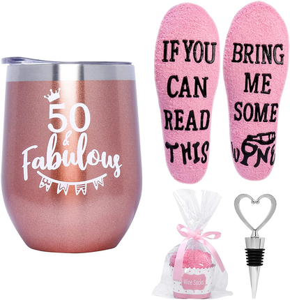 Valporia Retirement Gifts for Women 2021 Insulated Wine Tumbler with Sayings + If You Can Read This Socks + Wine Stopper for Women Birthday Gifts for Women Rose Gold Stainless Steel Xmas Gifts Arts & Entertainment > Party & Celebration > Gift Giving Valporia Rose gold set-50th  