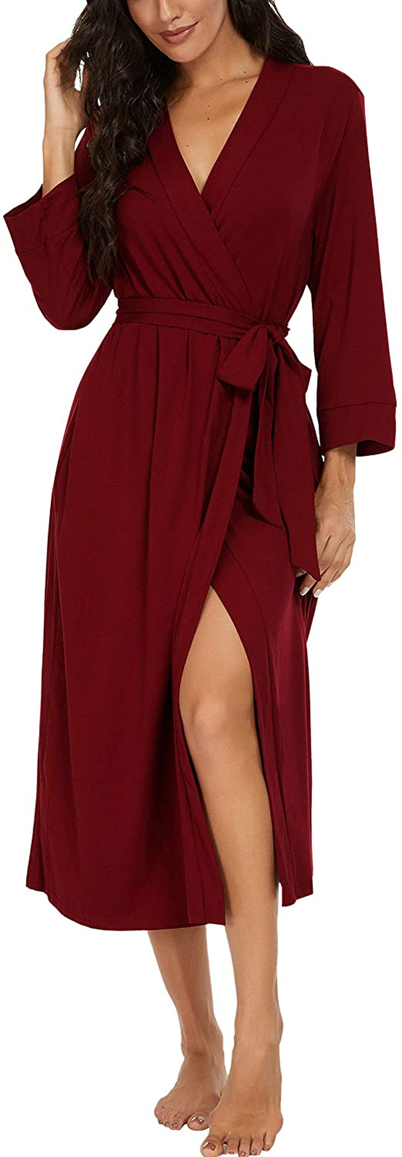 VINTATRE Women Kimono Robes Long Knit Bathrobe Lightweight Soft Knit Sleepwear V-Neck Casual Ladies Loungewear Apparel & Accessories > Clothing > Sleepwear & Loungewear > Robes VINTATRE B03 Wine Red Small 