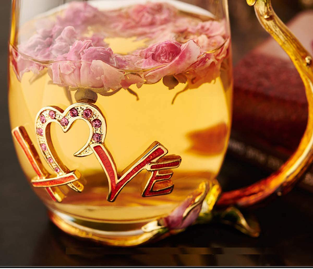 Luka Tech Enamels flower Lead-free Glass Coffee Mugs Tea Cup with Steel Spoon, Best Birthday Gifts For Women Wife Mom Friends Mothers Valentines Day Christmas Arts & Entertainment > Party & Celebration > Gift Giving Luka Tech   