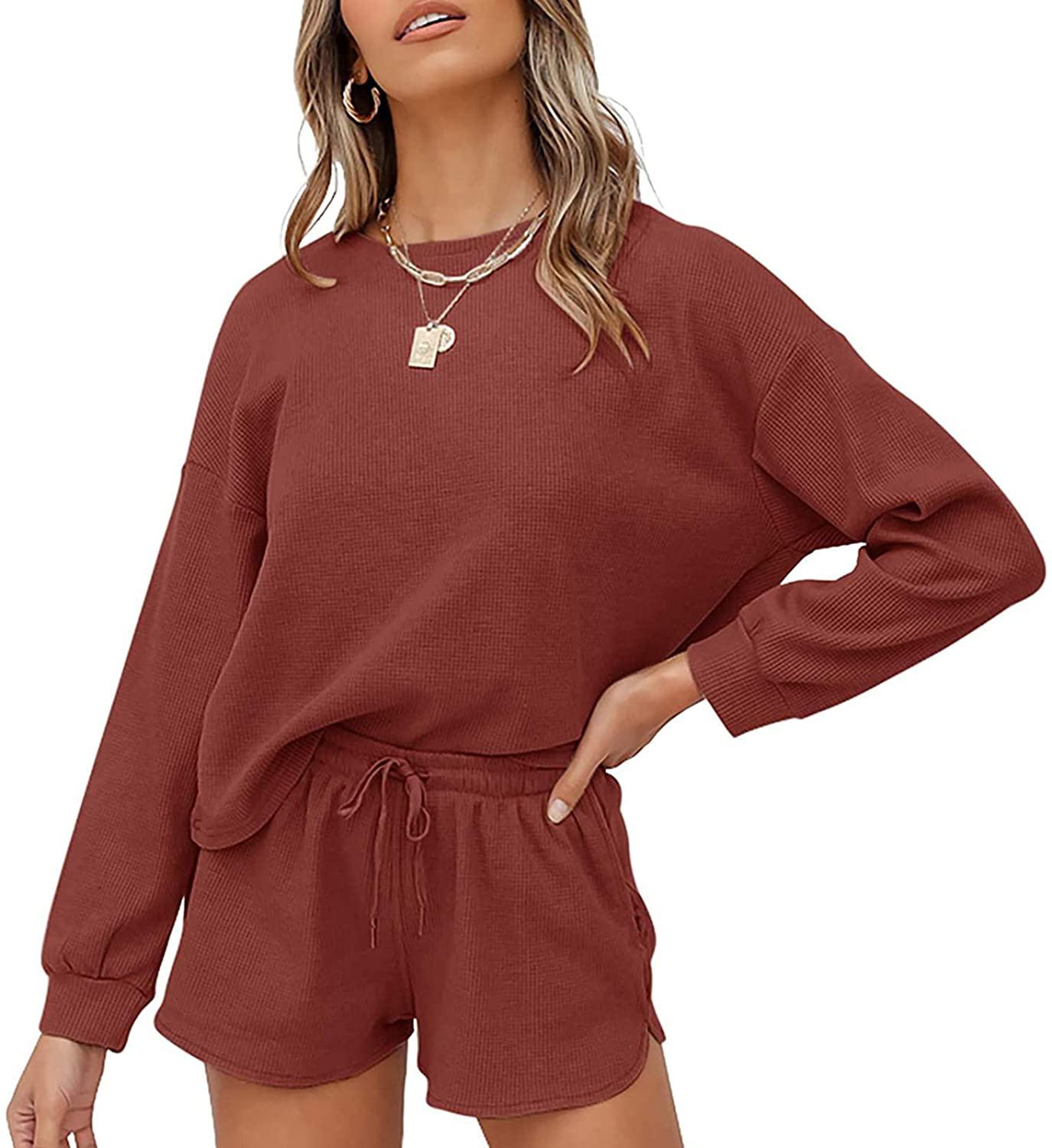 MEROKEETY Women's Long Sleeve Pajama Set Henley Knit Tops and Shorts Sleepwear Loungewear Apparel & Accessories > Clothing > Sleepwear & Loungewear > Pajamas MEROKEETY Wafflebrickred X-Large 