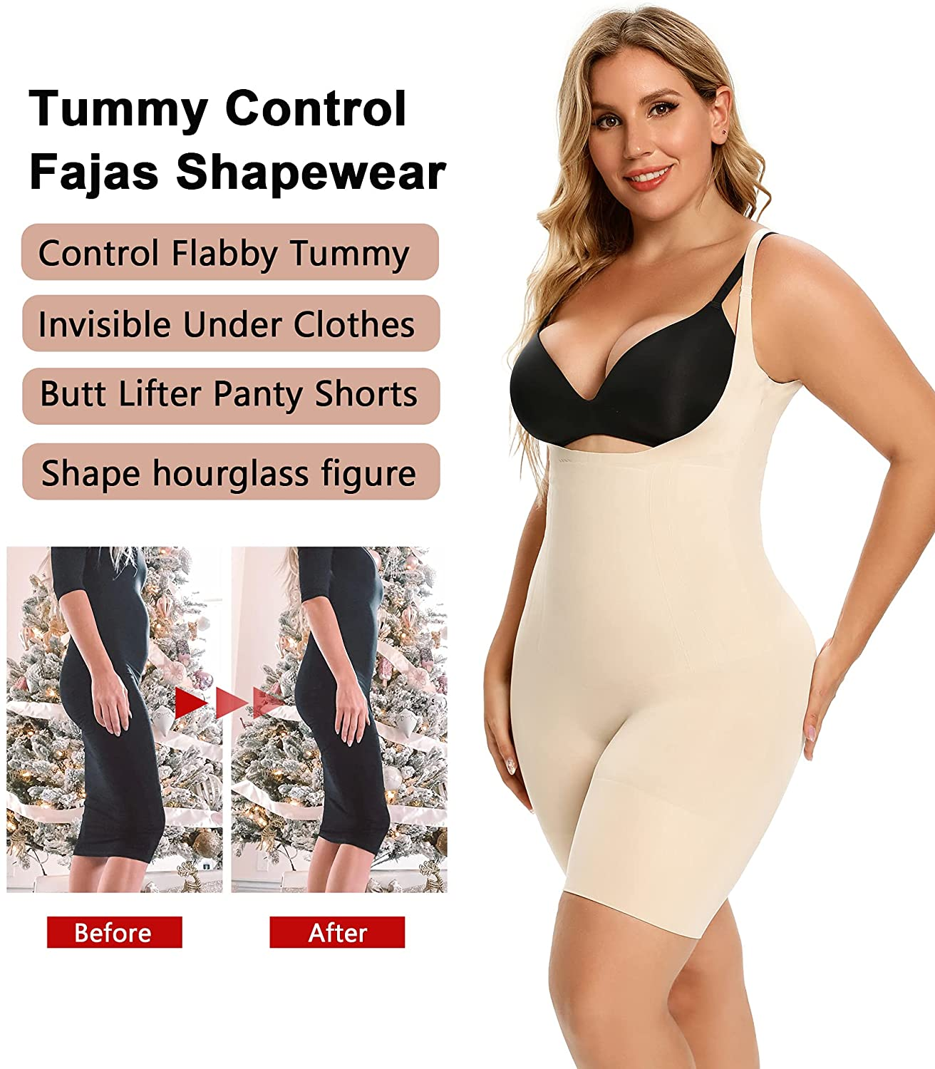 SHAPERX Tummy Control Shapewear for Women Seamless Fajas Bodysuit Open Bust Mid Thigh Body Shaper Shorts Apparel & Accessories > Clothing > Underwear & Socks > Shapewear SHAPERX   