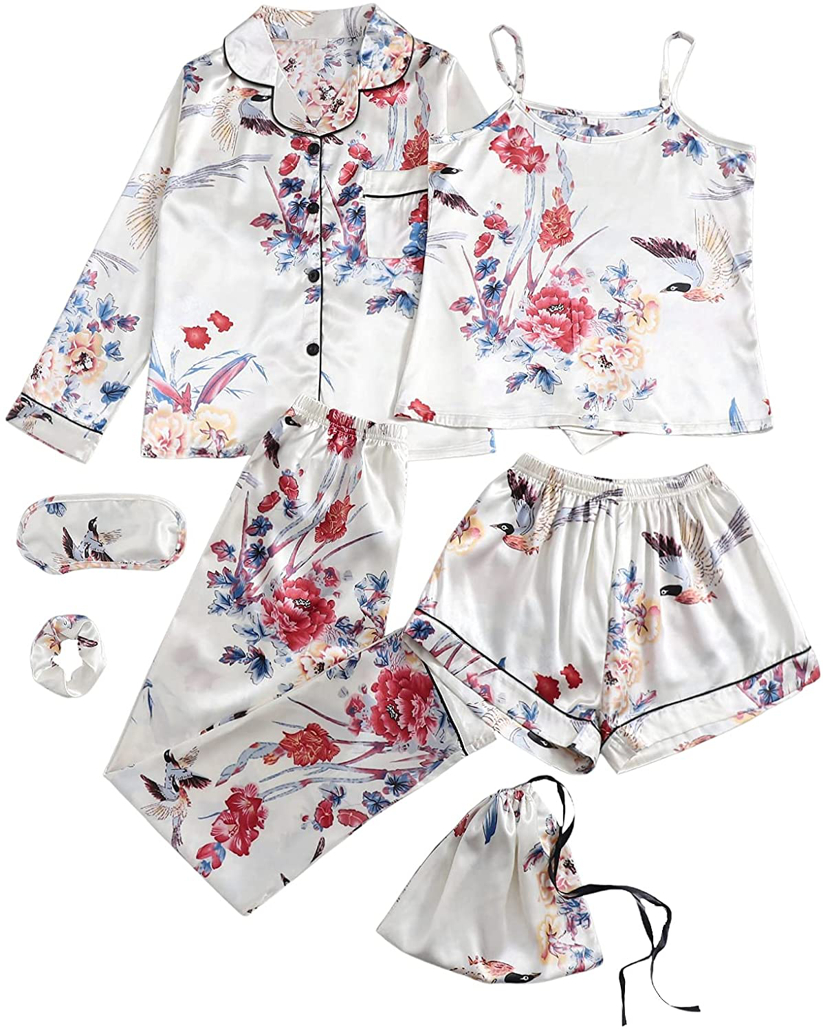 SheIn Women's 7pcs Pajama Set Cami Pjs with Shirt and Eye Mask Apparel & Accessories > Clothing > Sleepwear & Loungewear > Pajamas SheIn White Flowers X-Large 