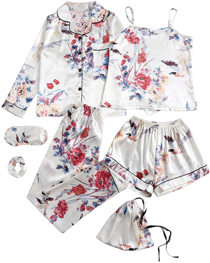 SheIn Women's 7pcs Pajama Set Cami Pjs with Shirt and Eye Mask Apparel & Accessories > Clothing > Sleepwear & Loungewear > Pajamas SheIn White Flowers X-Large 