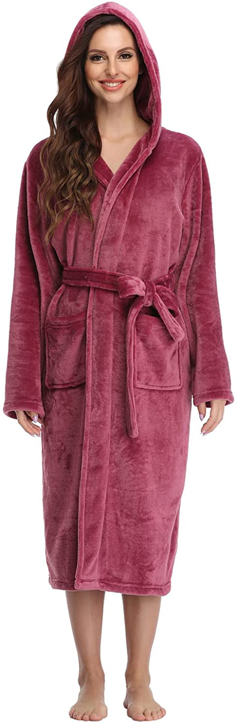 RONGTAI Womens Long Robes Plush Fleece Nightgown Thick plus Size Hooded Bathrobe with Pockets Fluffy Sleepwear for Men Apparel & Accessories > Clothing > Sleepwear & Loungewear > Robes RONGTAI Grape Purple Large 