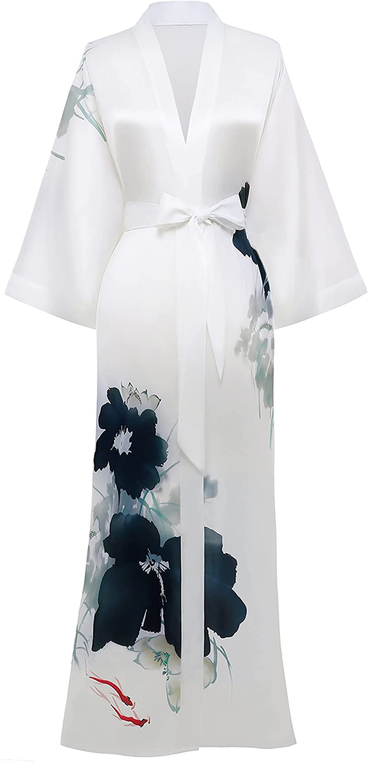 PRODESIGN Long Kimono Robe Satin Sleepwear Gradient Watercolor Silky Kimono Nightgown Bathrobe Kimono Blouse Cardigan Apparel & Accessories > Clothing > Sleepwear & Loungewear > Robes KYLIE MAX Lotus - Ink  