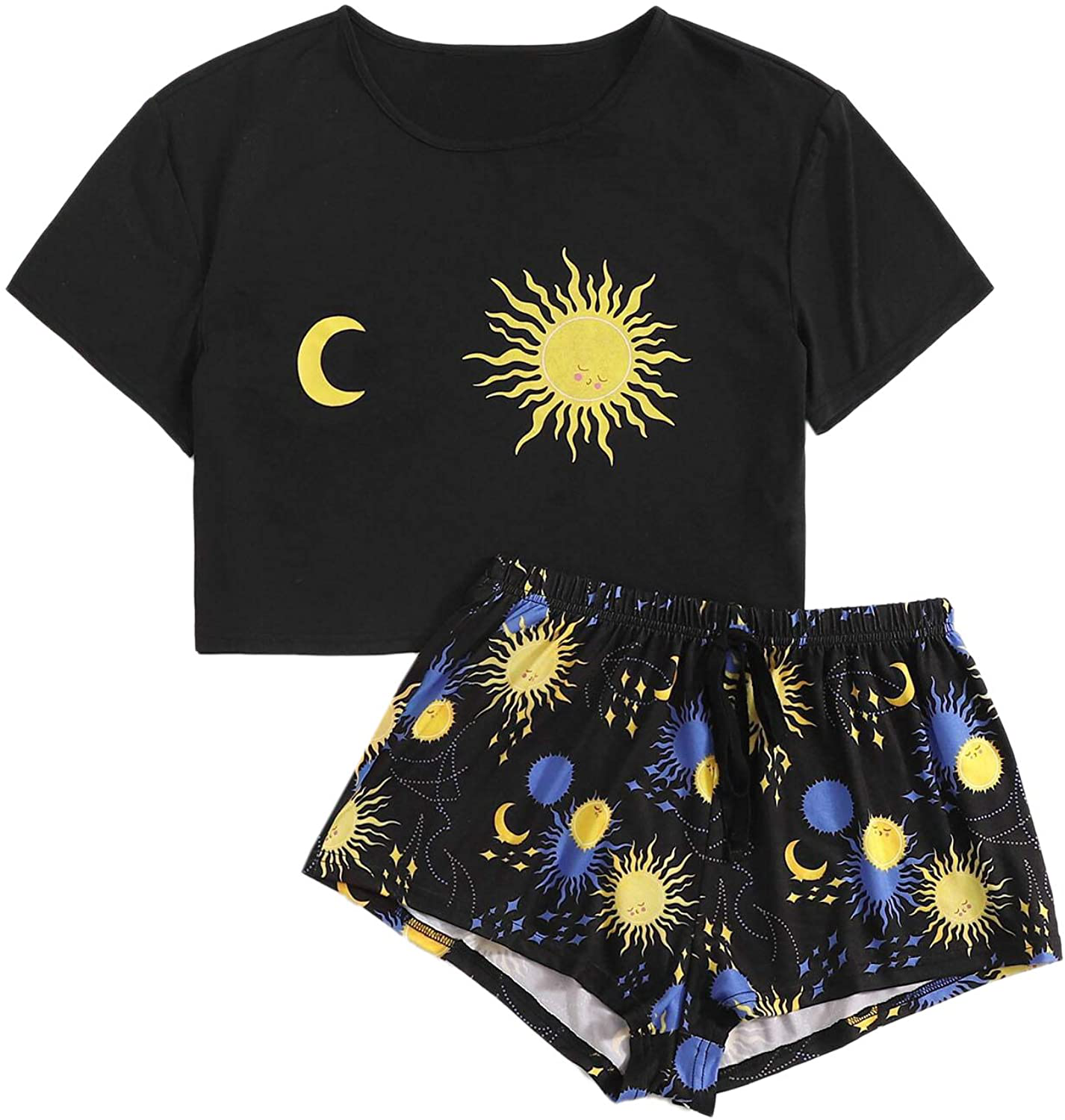 Sweatyrocks Women'S Cute Graphic Print Short Sleeve Crop Top with Shorts Pajama Set Apparel & Accessories > Clothing > Sleepwear & Loungewear Kylie Max   