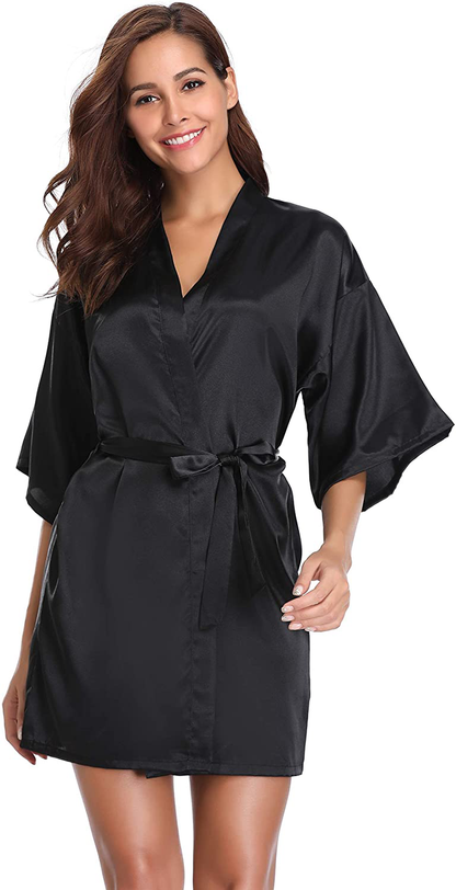 Vlazom Women'S Kimono Robes Short Satin Pure Color Bridal Party Robe with Oblique V-Neck Apparel & Accessories > Clothing > Sleepwear & Loungewear > Robes KYLIE MAX   
