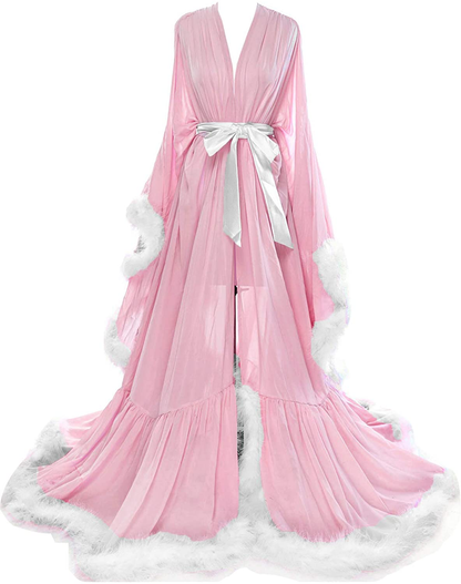 Molisa Women'S Sexy Feather Bridal Robe Long Wedding Scarf Illusion Bathrobe Sleepwear Lingerie Robe Nightgown Apparel & Accessories > Clothing > Sleepwear & Loungewear > Robes Molisa Pink+white 3X-Large 