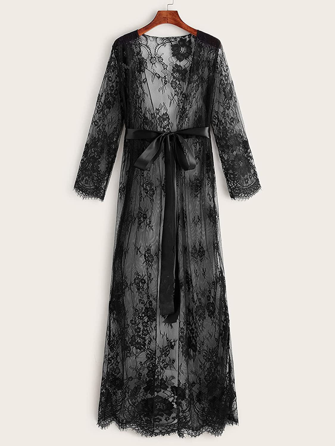 Verdusa Women'S Floral Lace Long Sleeve Sheer Belted Long Lingerie Kimono Robe Apparel & Accessories > Clothing > Sleepwear & Loungewear > Robes Verdusa   