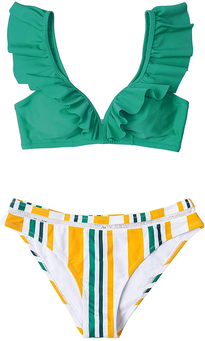 CUPSHE Women's Orange Floral Bottom Ruffle Hook Closure Bikini Set Apparel & Accessories > Clothing > Swimwear CUPSHE Green Stripe Small 