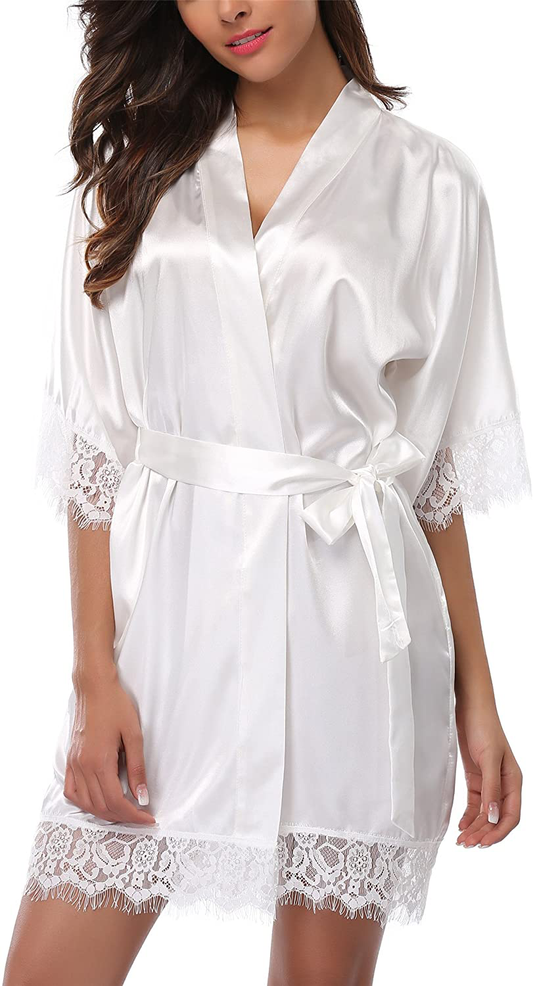 Giova Women'S Lace Trim Kimono Robe Bride Bridesmaids Wedding Shower Satin Short Robe Apparel & Accessories > Clothing > Sleepwear & Loungewear > Robes Giova Cream White Large 