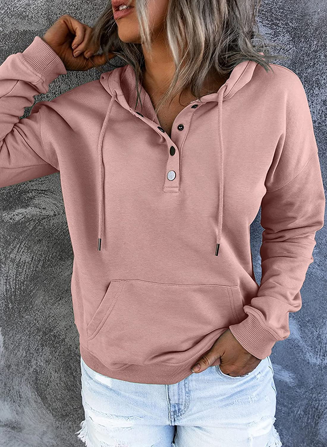 Dokotoo Womens Casual Button Collar Drawstring Long Sleeve Hoodies Pullover Sweatshirts Hooded Tops Apparel & Accessories > Clothing > Activewear Kylie Max   