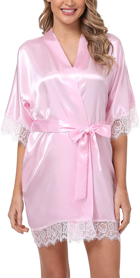 Old-Times Women Satin Short Robes for Bridesmaid Bride Sexy Nightgown Lace Trim Lightweight Bathrobe Apparel & Accessories > Clothing > Sleepwear & Loungewear > Robes Old-Times Light Pink XX-Large 