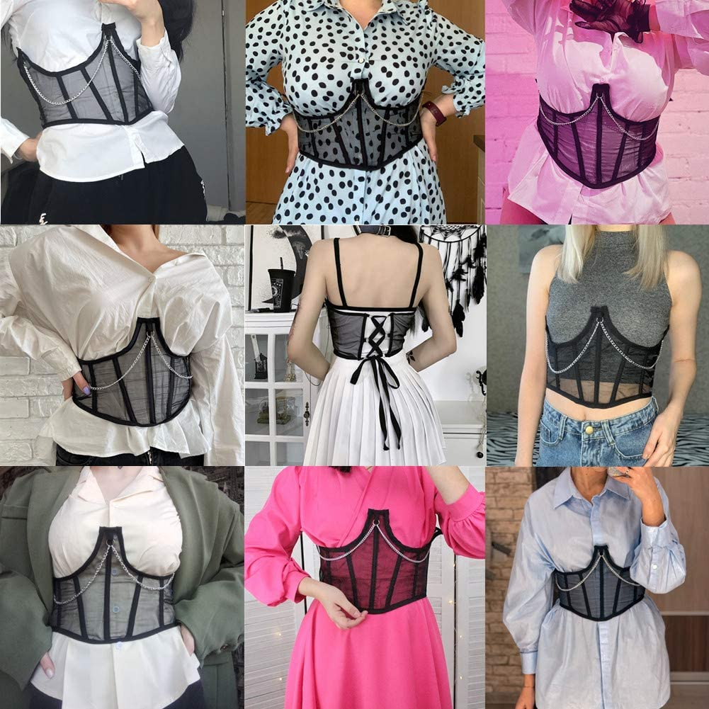 JUMISEE Women See through Mesh Lace up Bustier Corset Metal Chain Boned Overbust Waist Cincher Wide Belt Apparel & Accessories > Clothing > Underwear & Socks > Lingerie JUMISEE   