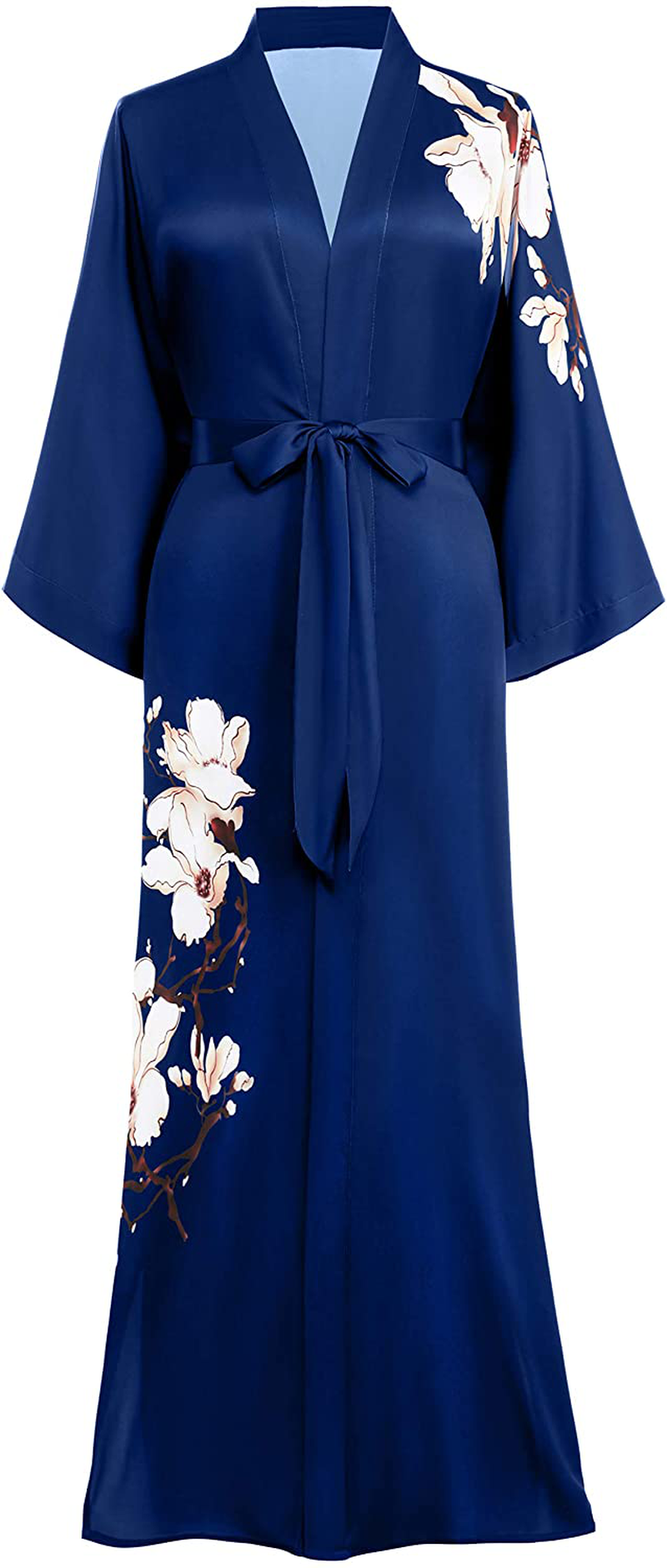 PRODESIGN Long Kimono Robe Satin Sleepwear Gradient Watercolor Silky Kimono Nightgown Bathrobe Kimono Blouse Cardigan Apparel & Accessories > Clothing > Sleepwear & Loungewear > Robes KYLIE MAX Kapok Blossom - Navy Blue  