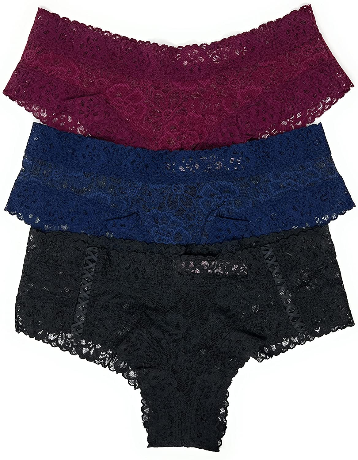 Victoria'S Secret the Lacie Cheeky Panty Set of 3 Apparel & Accessories > Clothing > Underwear & Socks > Underwear Victoria's Secret Wine / Navy / Black Cross Large 