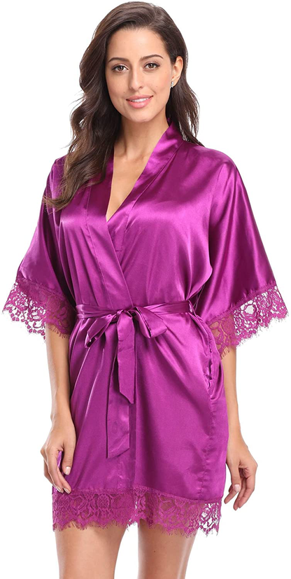 Original Kimono Women'S Lace-Trimmed Satin Short Kimono Robe Bathrobe Loungewear Apparel & Accessories > Clothing > Sleepwear & Loungewear > Robes Original Kimono Bright Purple Large 