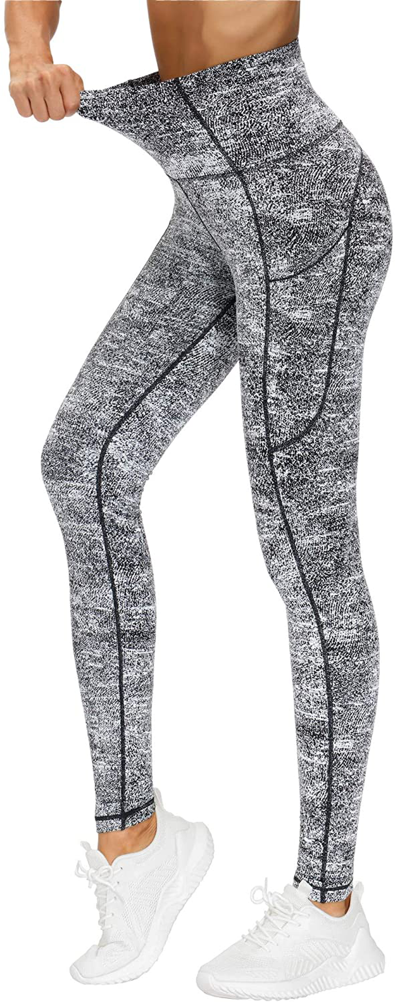 THE GYM PEOPLE Thick High Waist Yoga Pants with Pockets, Tummy Control Workout Running Yoga Leggings for Women Apparel & Accessories > Clothing > Activewear THE GYM PEOPLE Black & White Jacquard Small 