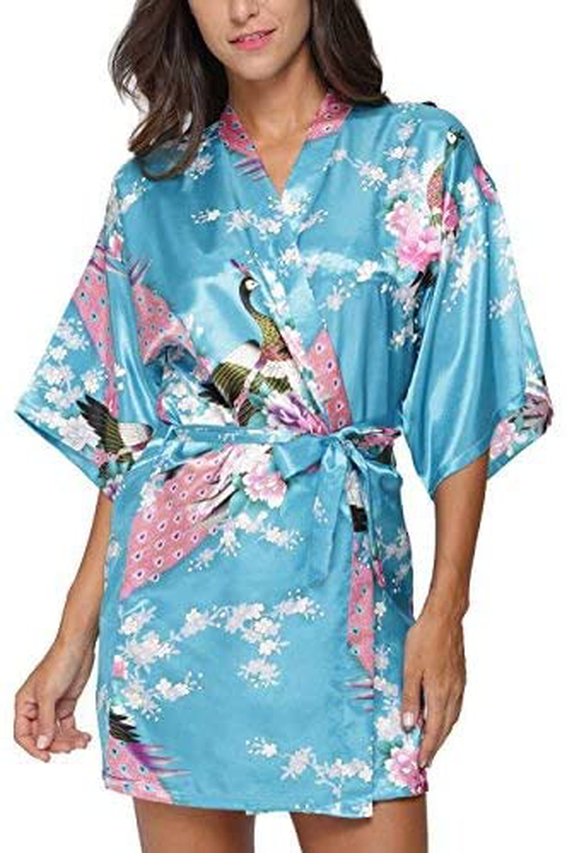 Original Kimono Women'S Short Satin Kimono Robe Floral Peacock Patterned Bathrobe Silky Bridal Nightwear Apparel & Accessories > Clothing > Sleepwear & Loungewear > Robes Original Kimono Blue X-Large 