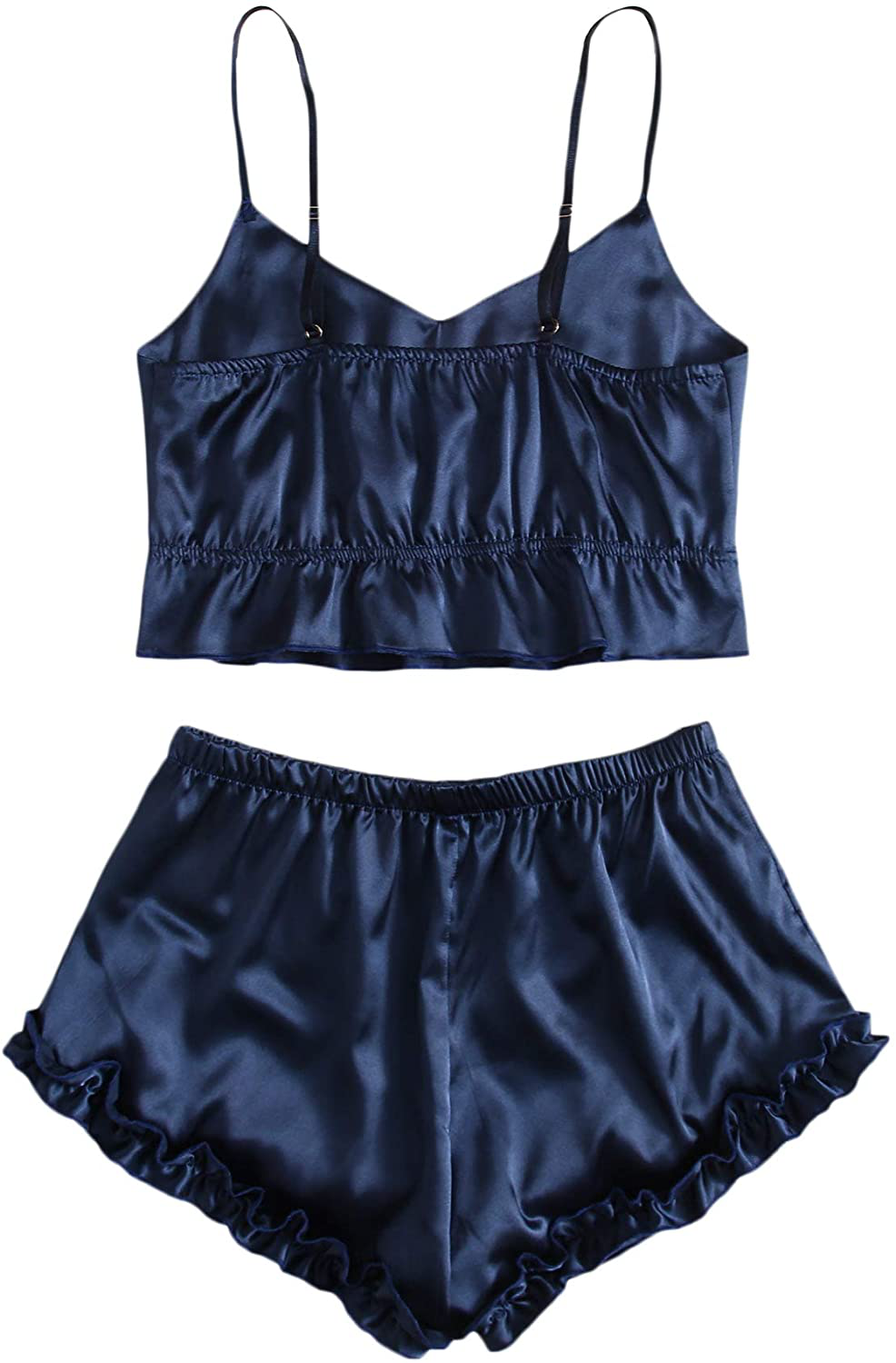 Shein Women'S Ruffle Trim Satin Sleepwear V Neck Cami Top and Shorts Pajama Set Apparel & Accessories > Clothing > Sleepwear & Loungewear Kylie Max   