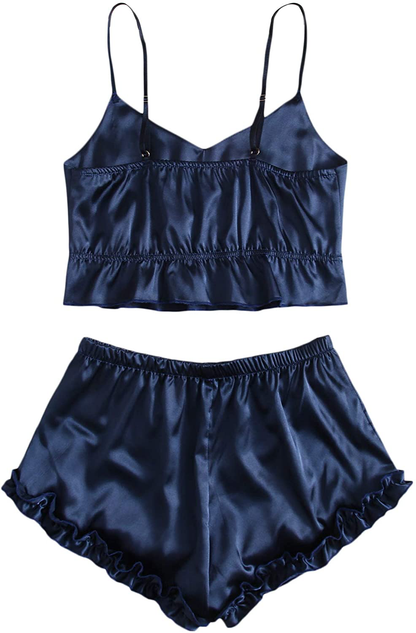Shein Women'S Ruffle Trim Satin Sleepwear V Neck Cami Top and Shorts Pajama Set Apparel & Accessories > Clothing > Sleepwear & Loungewear Kylie Max   